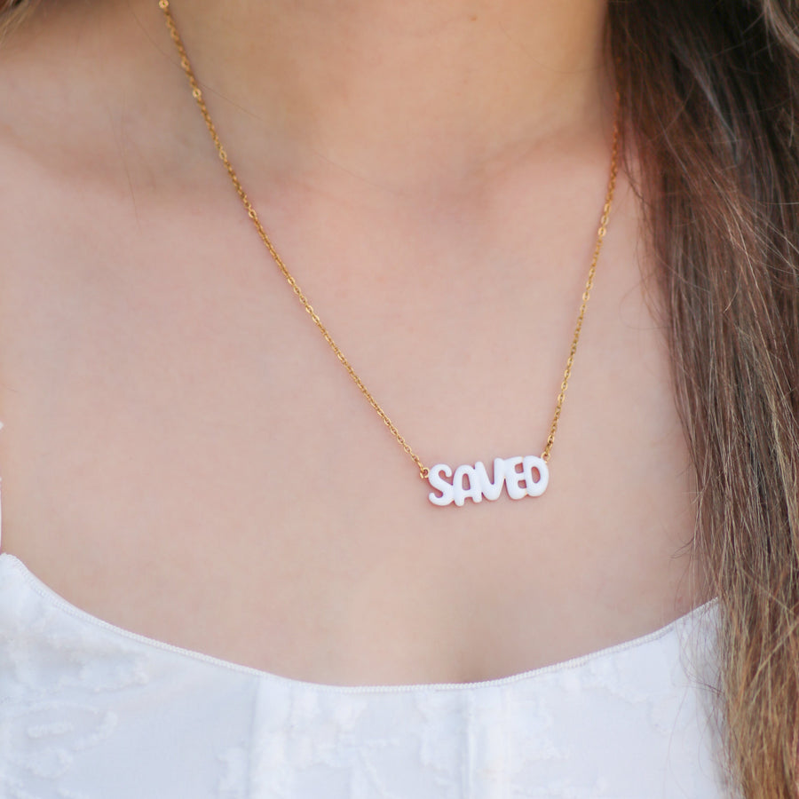 SAVED Necklace with Bubble Font & Colorful Enamel