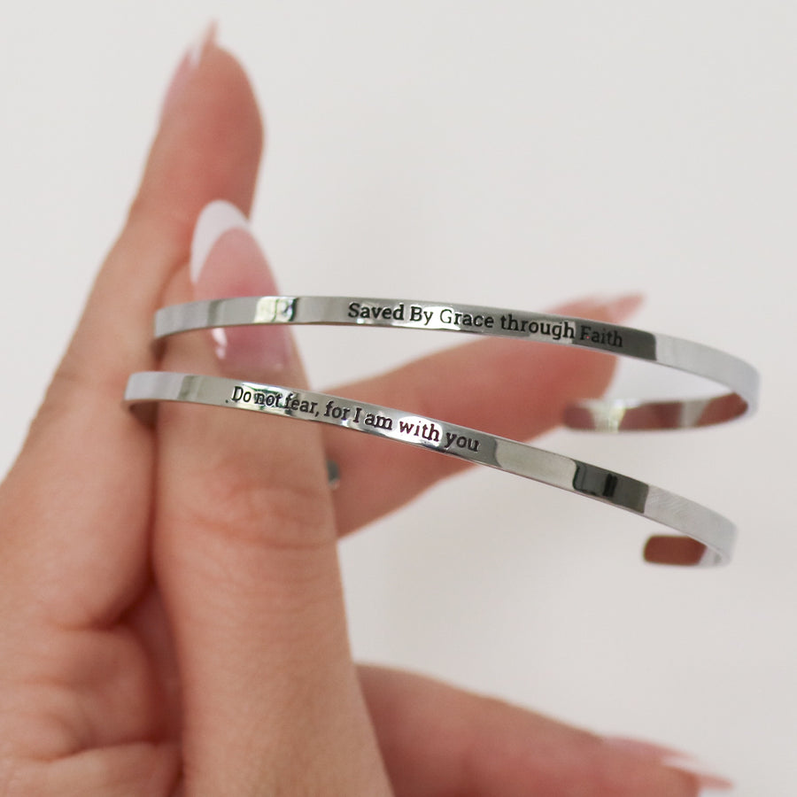 'Saved By Grace Through Faith' Adjustable Bangle in Gold, Silver, and Rose Gold