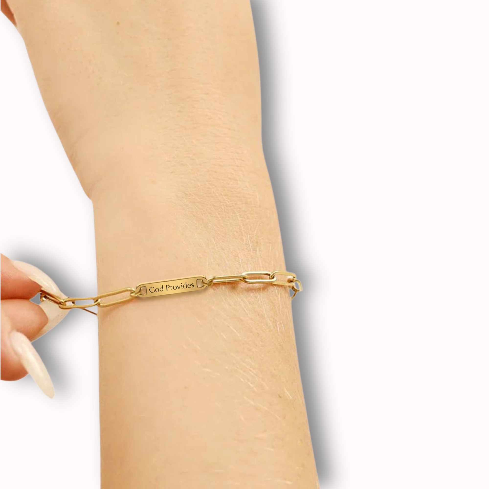 'God Provides, Trust His Timing' Engraved Paperclip Bracelet in Gold and Silver