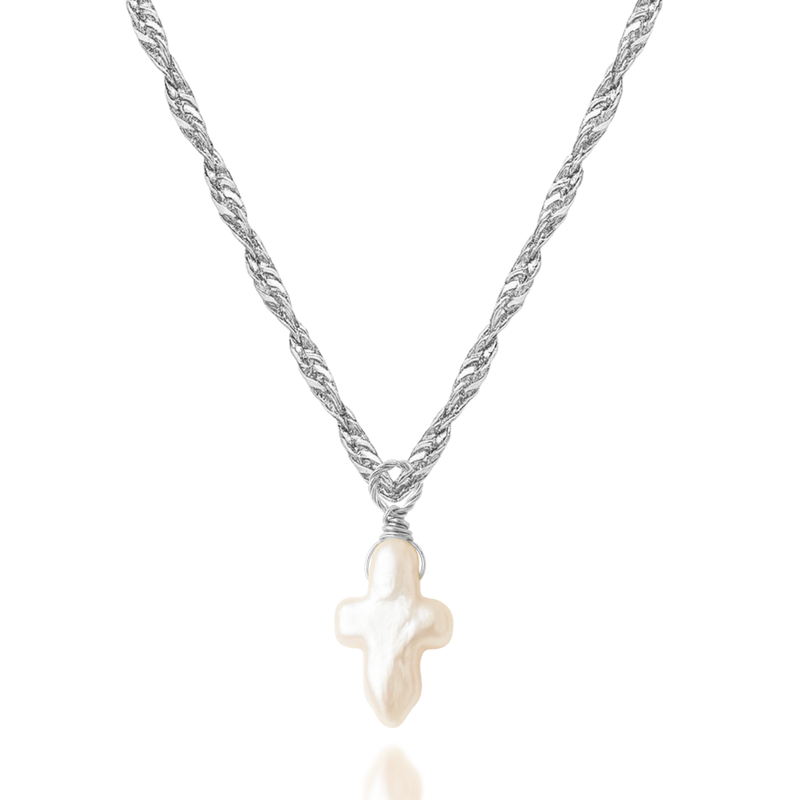 Pearly Cross Necklace in Gold and Silver
