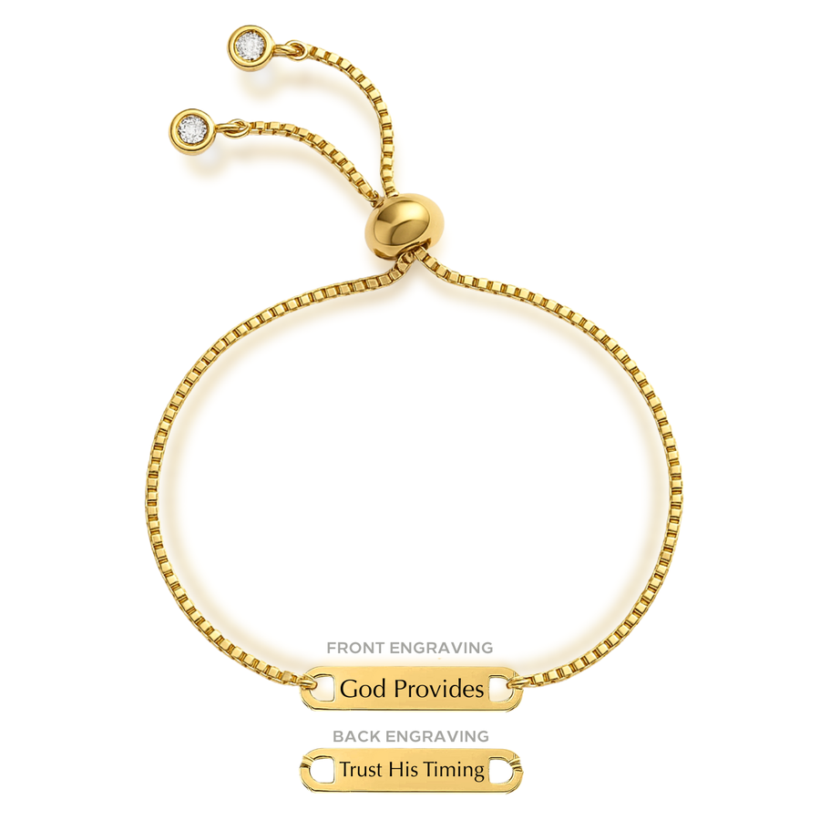 'God Provides, Trust His Timing' Engraved Adjustable Bracelet in Gold and Silver