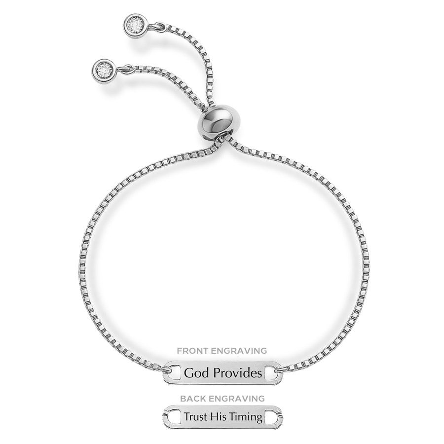 'God Provides, Trust His Timing' Engraved Adjustable Bracelet in Gold and Silver