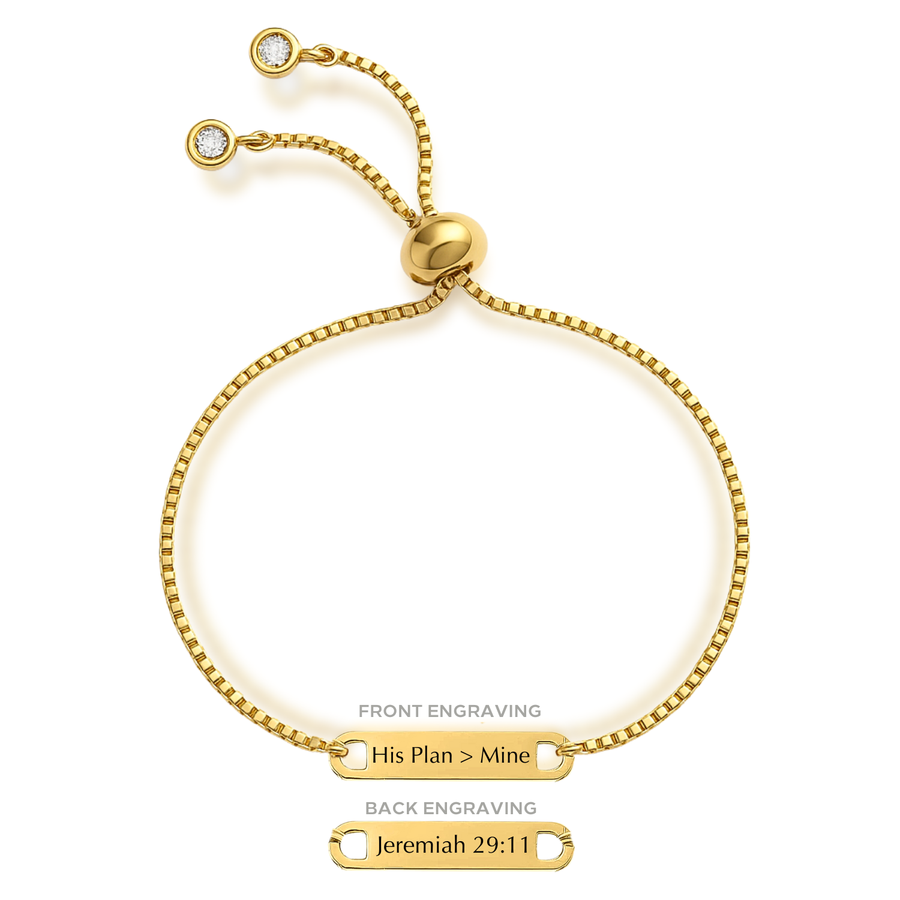 'His Plan > Mine, Jeremiah 29:11' Engraved Adjustable Bracelet in Gold and Silver