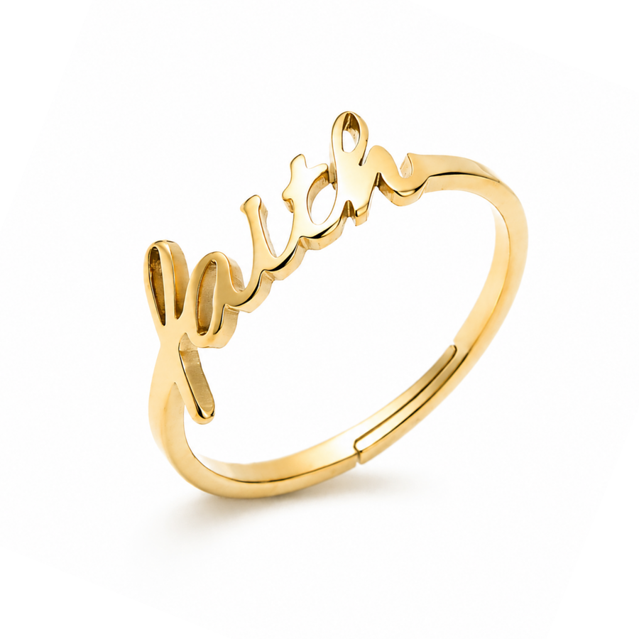 'Faith' Cursive Stainless Steel Adjustable Ring