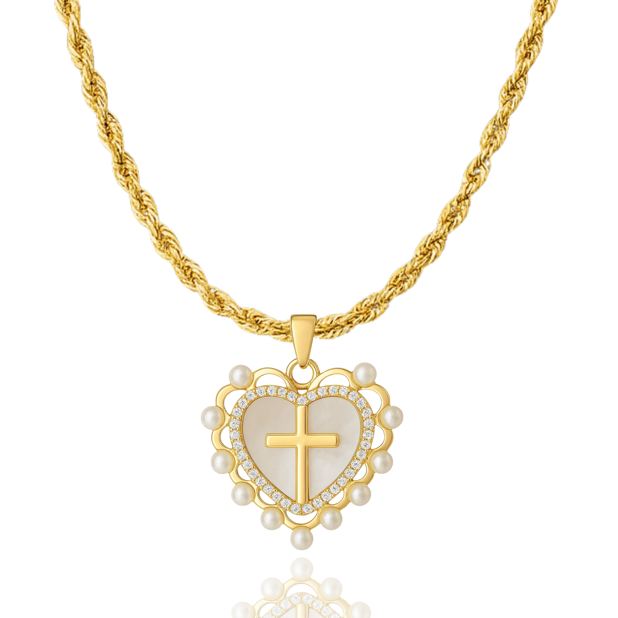 Gold necklace with a heart-shaped pendant featuring a cross and pearls on a white background