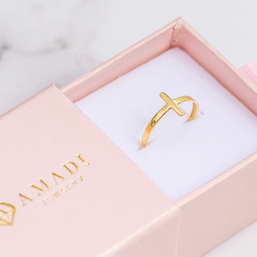 Precious Cross Ring- 10k/14k Solid Yellow Gold, White Gold & Rose Gold