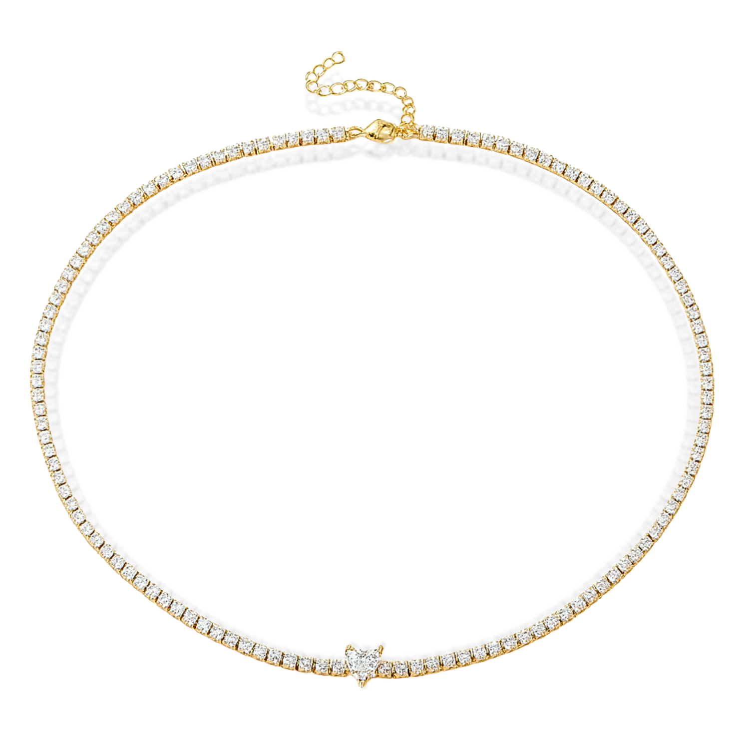 Gold necklace with clear stones on a white background