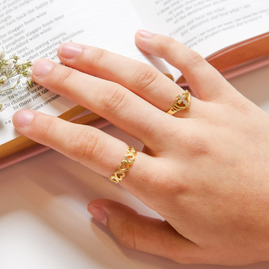 Joyful Hearts Ring- 10k/14k Solid Yellow Gold, White Gold & Rose Gold