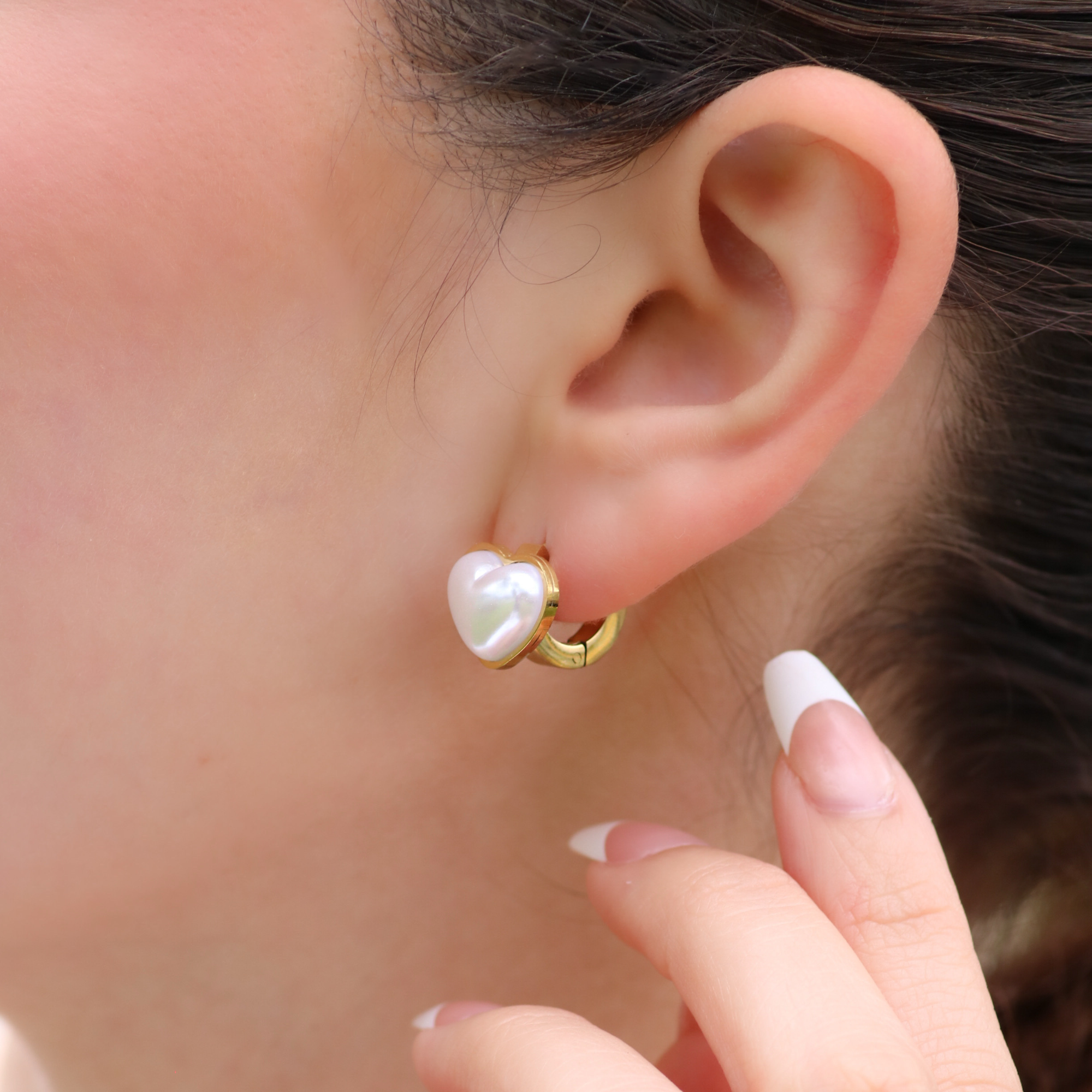 Pearl Heart Huggies in Gold & Silver