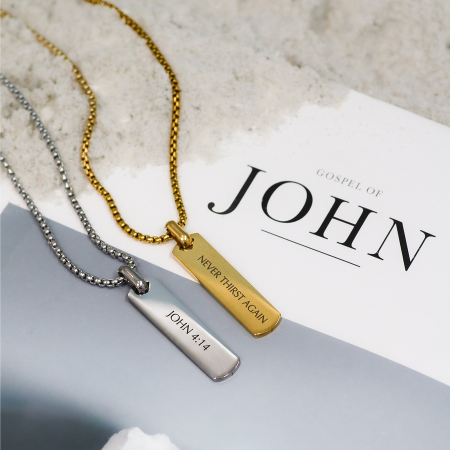 'Never Thirst Again' Mens Vertical Necklace in Gold & Silver