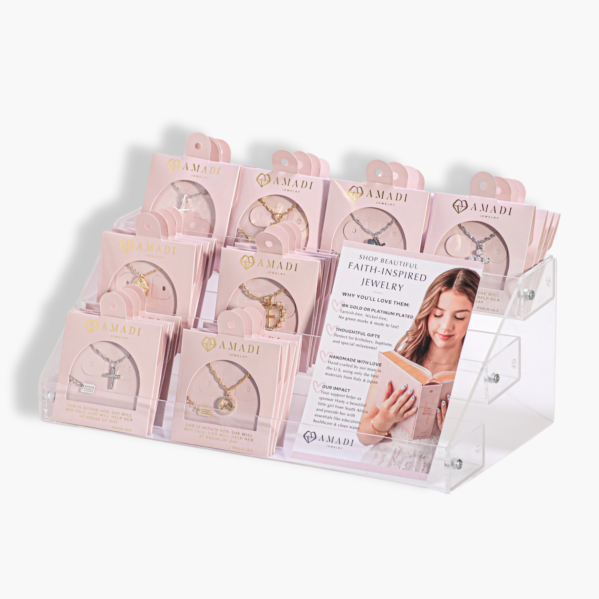 wholesale kit, bestselling Christian necklaces, gold plated, silver plated, blush pink packaging, clear acrylic display stand, pop-up market display, boutique jewelry, faith-inspired gifts, retail-ready jewelry, Christian gift shop product