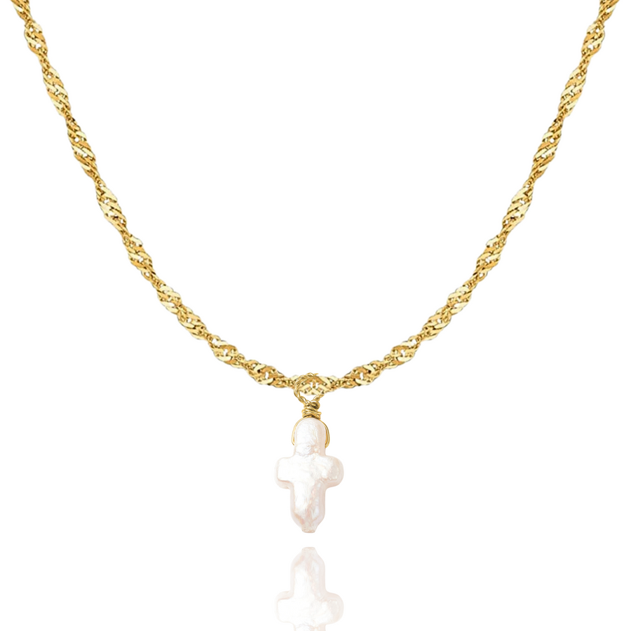 Pearly Cross Necklace in Gold and Silver