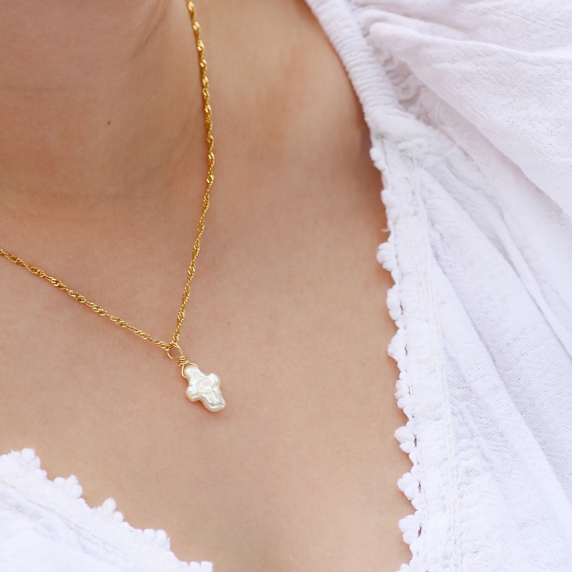 Pearly Cross Necklace in Gold and Silver