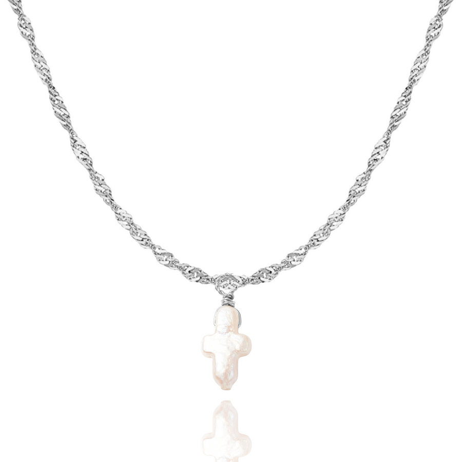 Pearly Cross Necklace in Gold and Silver