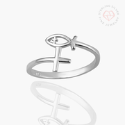 Ichthys + Cross Ring- Sterling Silver