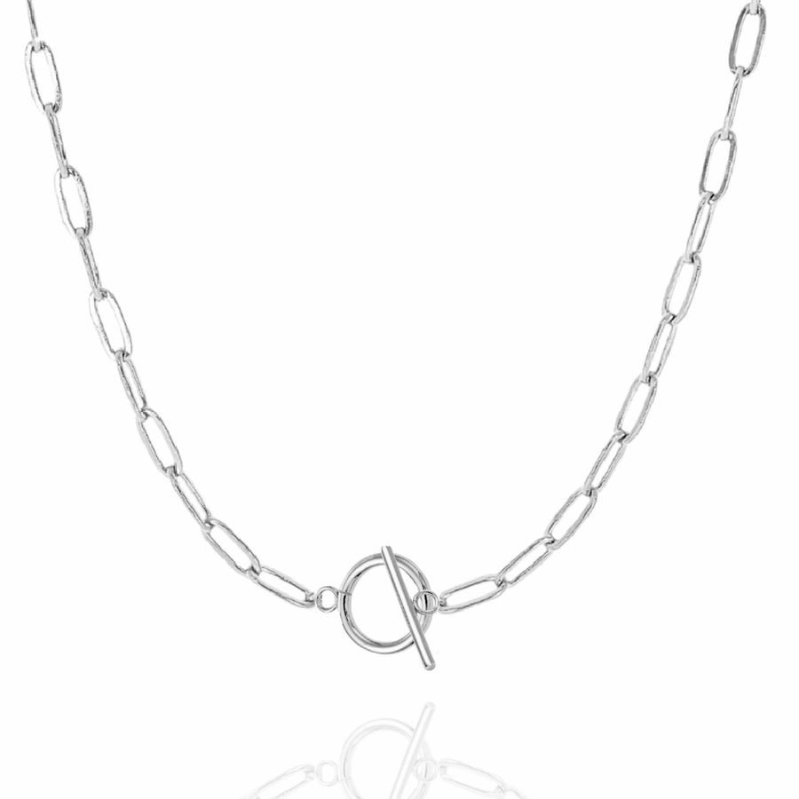 Paperclip Chain Necklace with Toggle Clasp in Silver